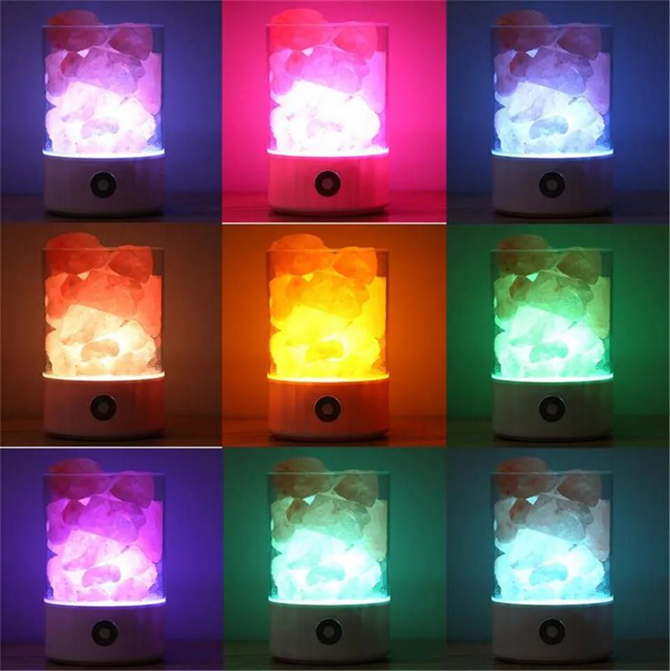 Lámpara de sal USB Diseño portátil Luz de cristal cambiante colorida Interruptor táctil del Himalaya natural Brillo Luz de noche de dormitorio ajustable