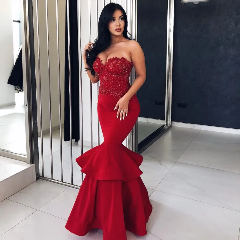 Sexy Red Mermaid Beaded Evening Dresses Sweetheart Neck Sequined Tiered Formal Dress Floor Length Custom Made Satin Prom Gowns