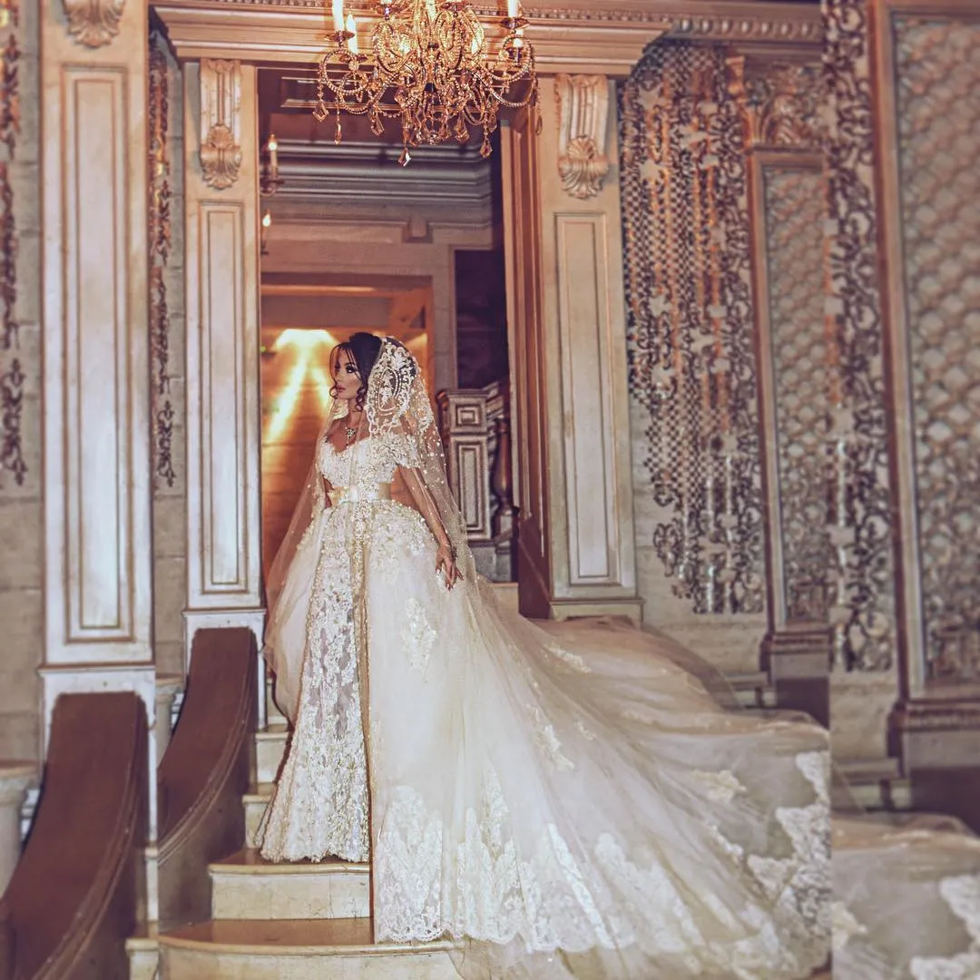 Perles de luxe robe de mariée sirène avec surjupe hors épaule perles dentelle florale appliques robe de mariée robes de mariée saoudiennes glamour
