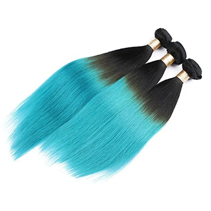 1B/Green Ombre Brazilian Human Hair Extension Dark Roots Teal Green Ombre Brazilian Hair Bundles Deals Straight Human Hair Weaves