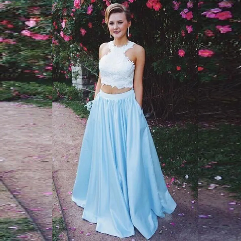 Twee stukken Prom Jurken Lange Formele Avondjurken Halter Hals Mouwloze Witte Kant Crop Top Een lijnrok met zakken Custom