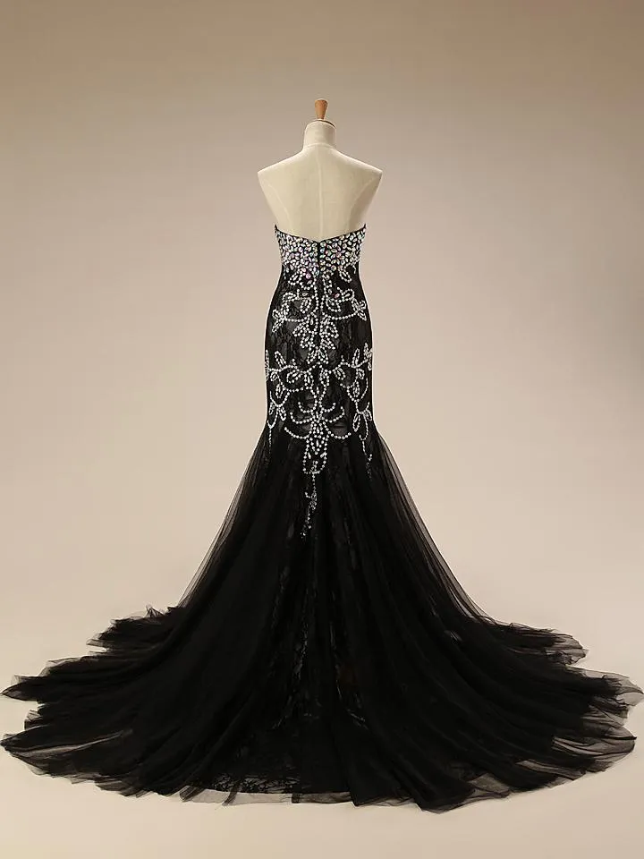 Black White Weddings Luxury Gorgeous Black Mermaid aftonklänningar bär älskling Sweep Train Sparkling Crystal Beading Lace Formella klänningar HY1827