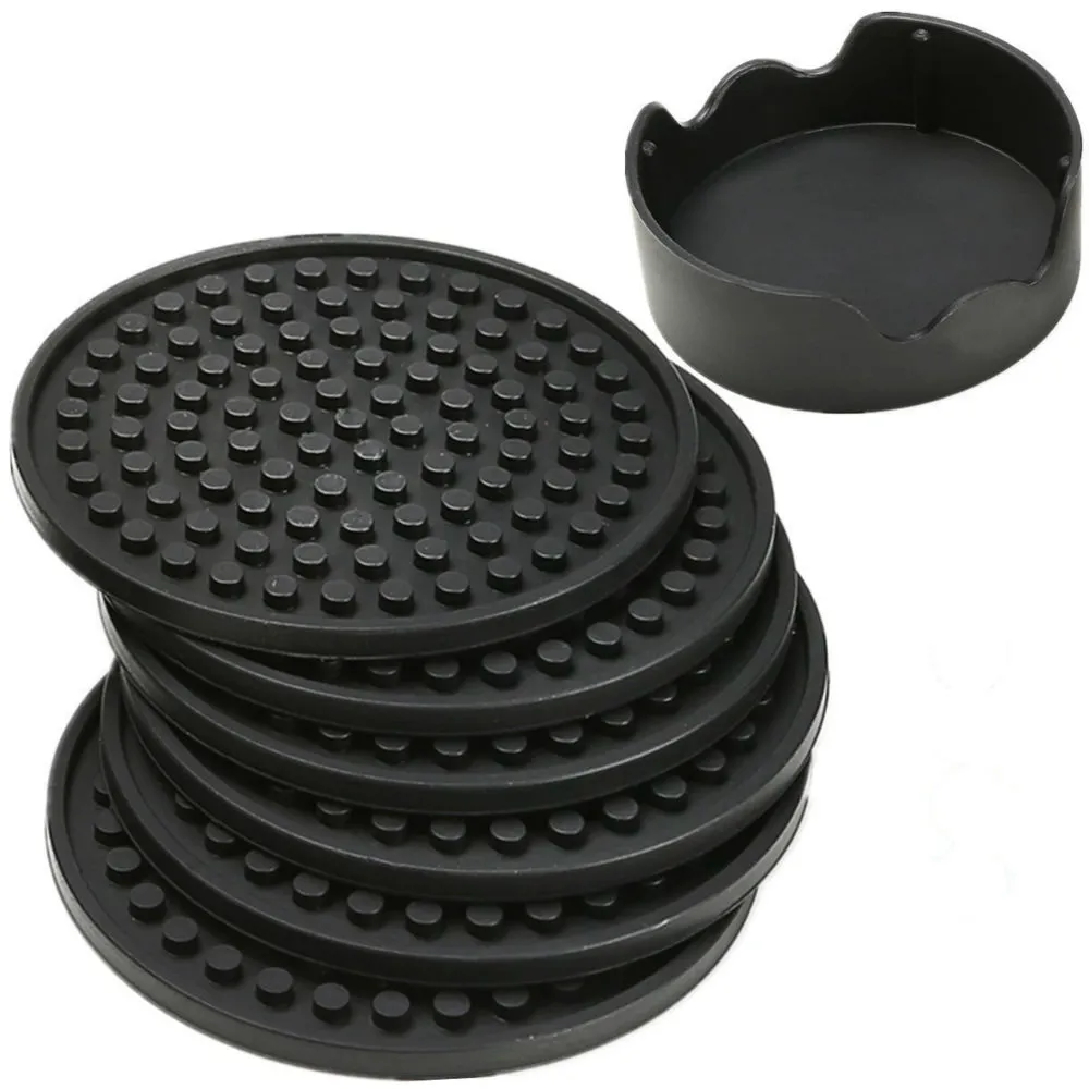 4.3inch 6pcs/set Black Round Silicone Drink Coasters Cup Mat Cup Costers Tableware with holder 60pcs AAA780