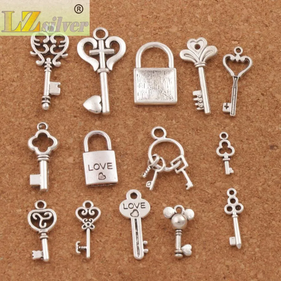 lot Mix Love Key Locket Charm Beads Antique Sirew Penden Diewelry DIY LM47 14Styles5046857