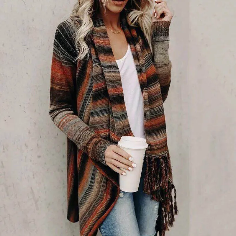 2018 outono Cardigans Mulheres Assimétricas Borlas Cape Tops Sweater Coreano Moda Patchwork Stripe Loose Long Thnewing Outwear LP30