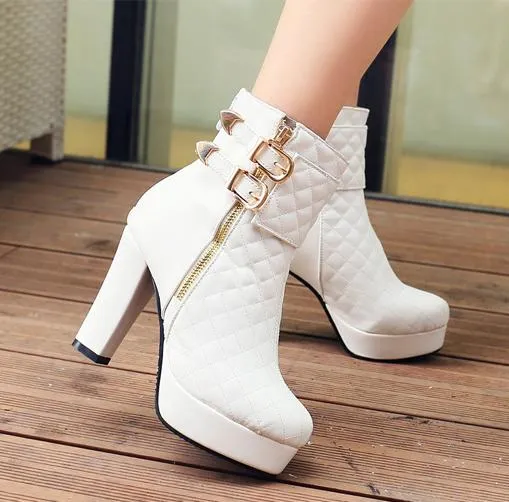 CHIC Women Boots Grid Design Buty Platformowe Metal Dekorowane Seksowne Zimowe Czarne Skórzane Buty 2 Kolory Rozmiar 35 do 40