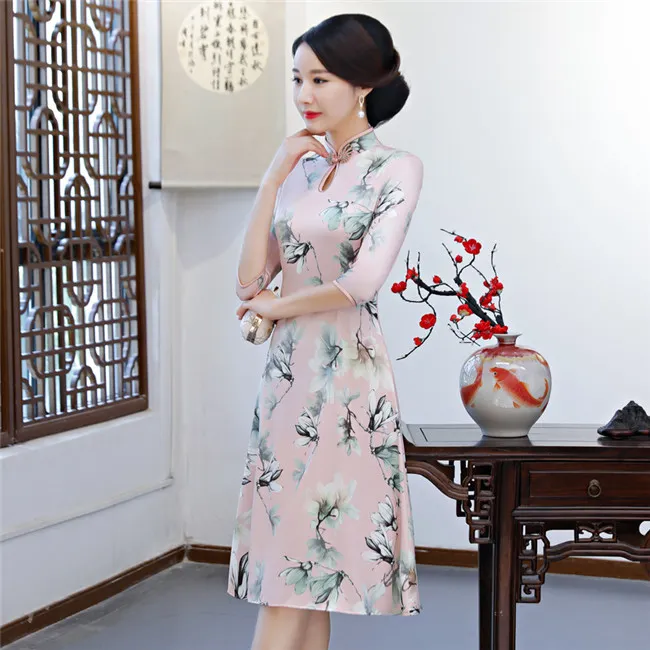 Floral Print Silk Chiffon Cheongsam Qipao dress for Women - Long Sleeve Traditional Chinese Oriental dress