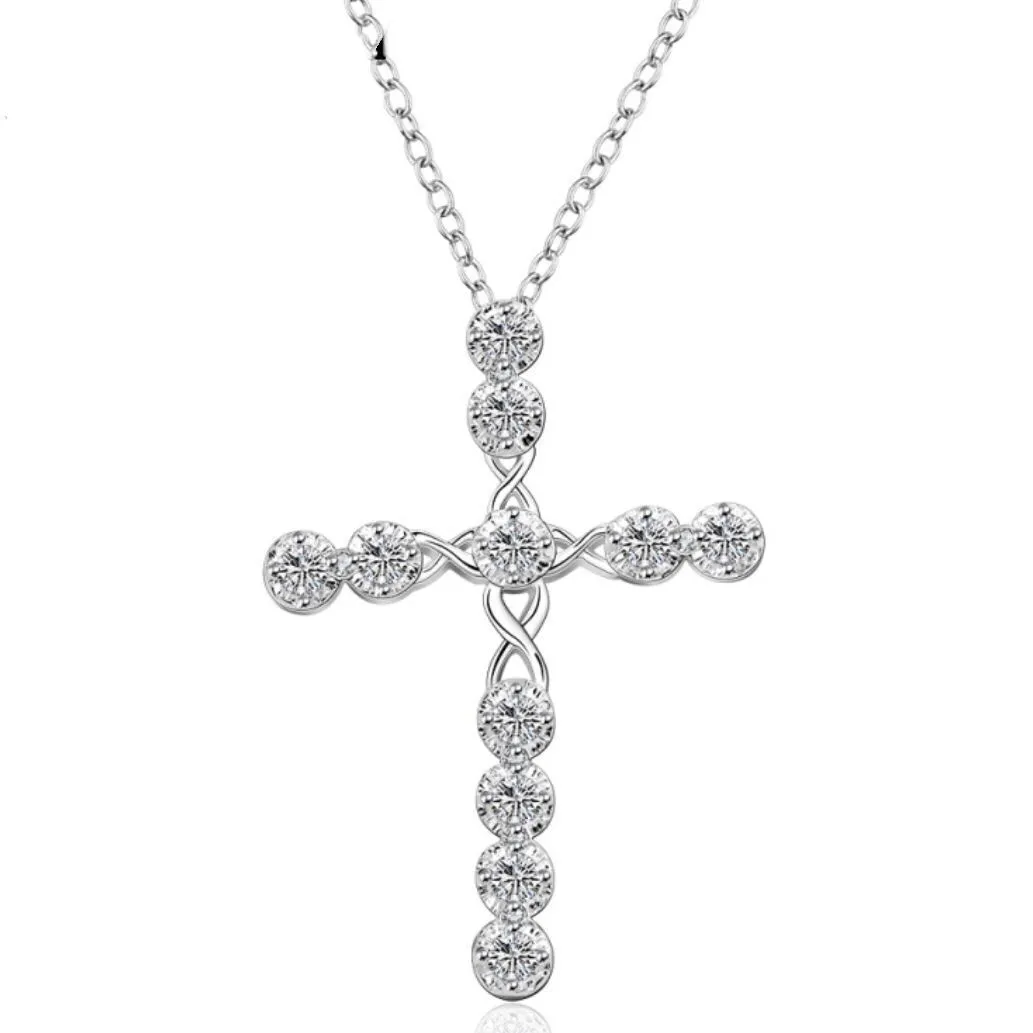 Venta caliente 925 plata esterlina moda CZ diamante cristal compromiso boda mujeres joyería encantos cruz lindo collar