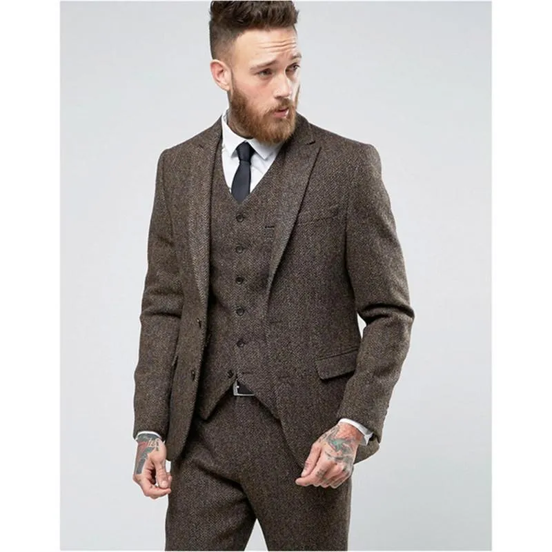 Kış Moda Tüvit Damat Smokin Mükemmel Adam Blazer Tepe Yaka İki Düğme Erkekler Iş Yemeği Balo Suit (Ceket + Pantolon + Kravat + Yelek) NO: 178