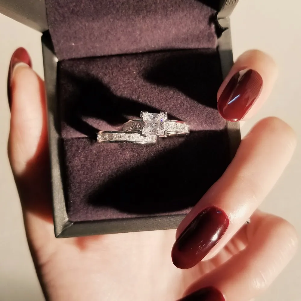 Novo! Venda quente real 925 Sterling Silver Wedding Ring Set por Mulheres acoplamento do casamento Jóias de Prata Atacado N64