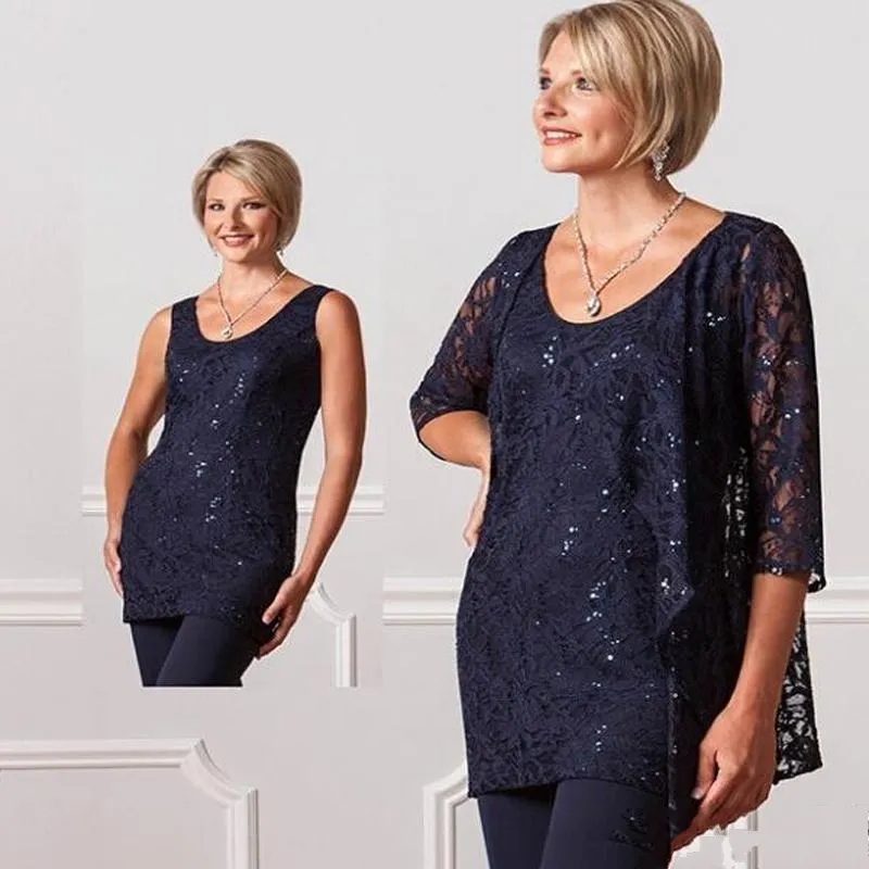 새로운 패션 3 조각 공식적인 쉬폰 어머니의 바지 정상 맞춤형 플러스 크기 레이스 여성 네이비 블루 레이디 저녁 웨딩 드레스 dh334