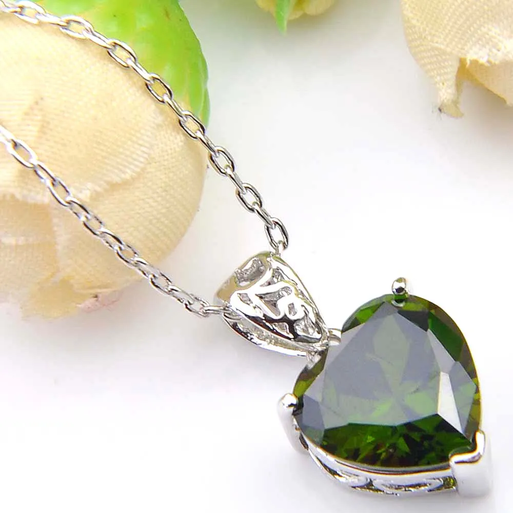 LuckyShine 5 insiemi di orecchini di cristallo del peridoto del cuore di zircone e collana a catena del pendente 925 insiemi d'argento di cerimonia nuziale di modo delle donne TRASPORTO LIBERO!