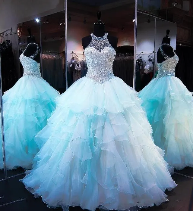 Ice Blue Ruffles Organza Ball Gown Quinceanera Dresses Luxury Beads Pearls Bodice Lace Up Prom Gowns Sweet 16 Dress for Girls