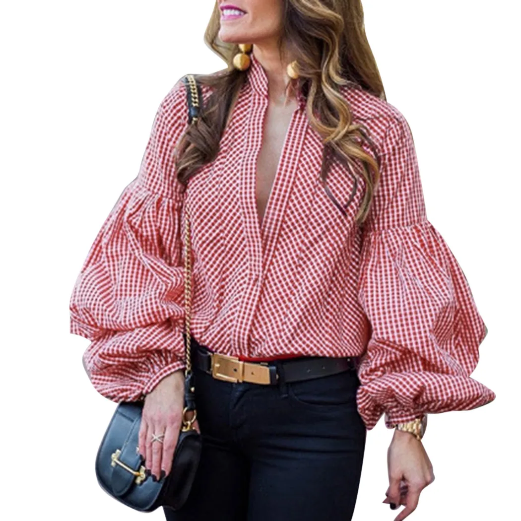 Nowy Design Puff Sleeve Plaid Bluzka Topy Kobiety Z Długim Rękawem V Neck Luźne Koszule Eleganckie Ladies Bluzki Casual Femme Vintage Blusa