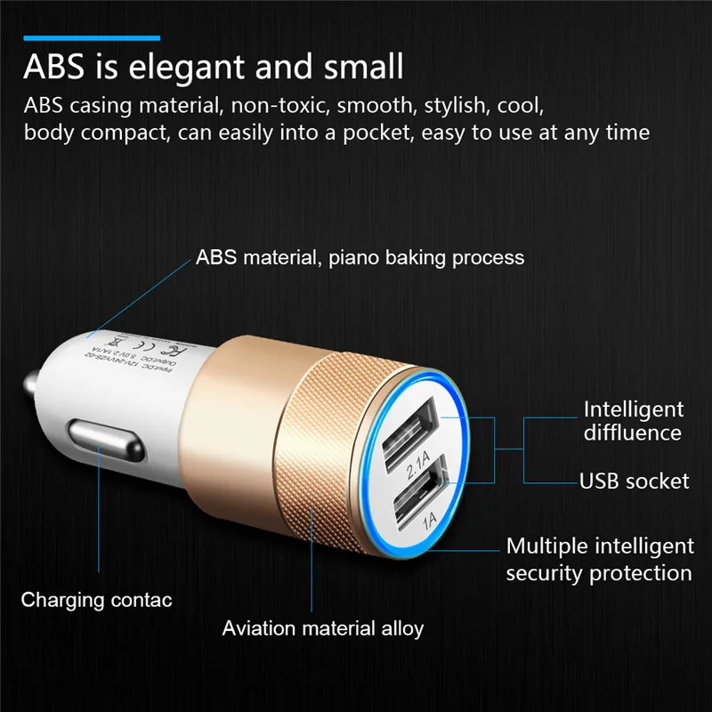 818 Metal Dual USB Port Car Charger Universal 2.1 A Led Charging Adapter For smart phone and tablet pc