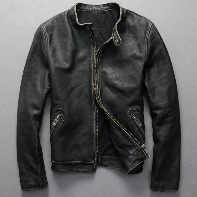 Vintage genuine leather jacket men black cowskin short simple motorcycle jacket men's thin leather coat chaqueta cuero hombre