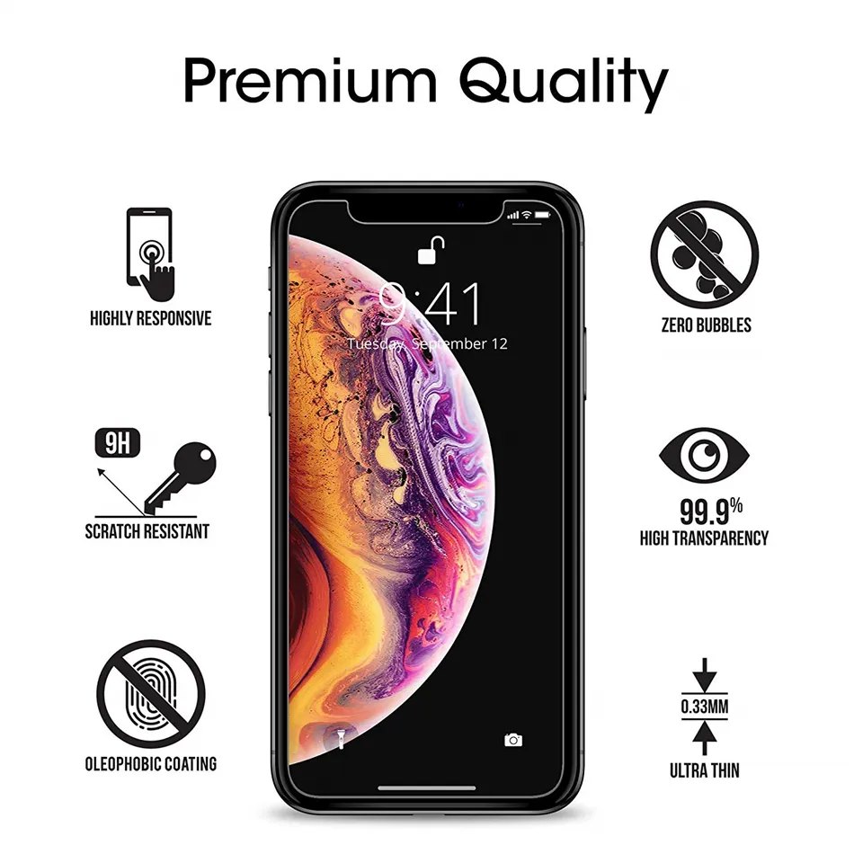 Displayschutzfolie aus gehärtetem Glas für das neue iPhone 15 14 13 12 11 Pro XR XS MAX X 8 Plus Samsung Galaxy S9 LG V20 ohne Verpackung