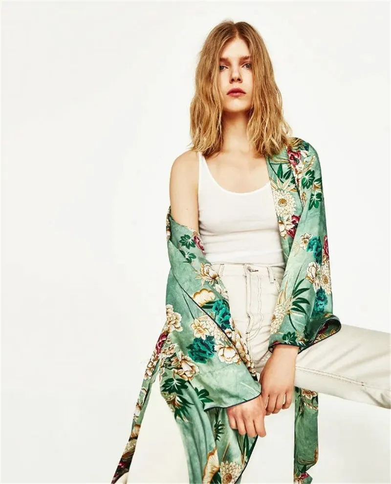 Kimono Sexy Bata Cardigan Mujer Moda Verde Estampado Floral Fajas