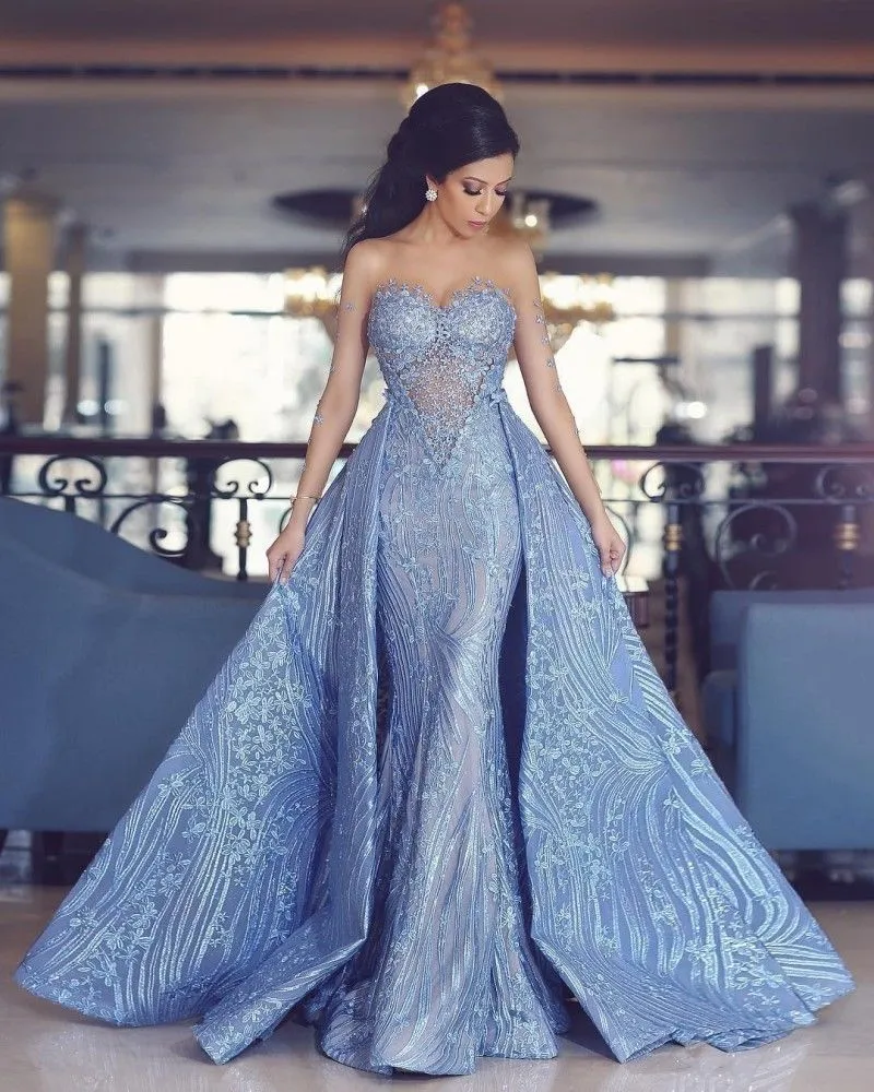 2019 yousef aljasmi arabische zeemeermin prom jurken met afneembare trein pure lange mouw jurk avondkleding kant geappliceerd formele feestjurk