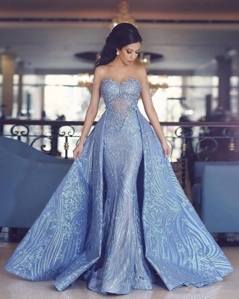 2019 Yousef Aljasmi Arabe Sirène Robes De Bal Avec Train Détachable Sheer Robe À Manches Longues Soirée Porter Dentelle Appliqued Robe De Soirée Formelle