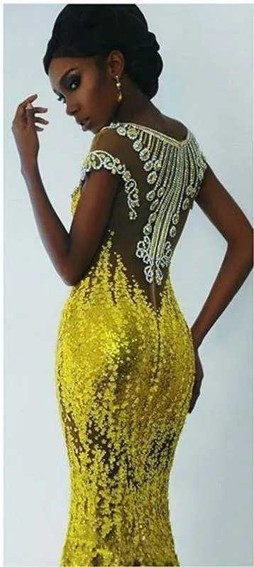 Ljusgul Sequined Mermaid Prom Klänningar för Afrika Kvinnor 2018 Applique Beads Evening Gowns Sweep Train Black Girl Party Dresses