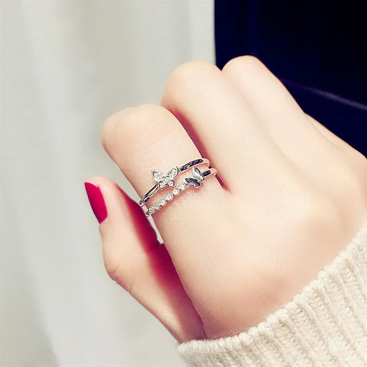 Elegancki srebrny kryształowy cyrkon motyl otwarty regulowany pierścionek Pierścień Pierście
