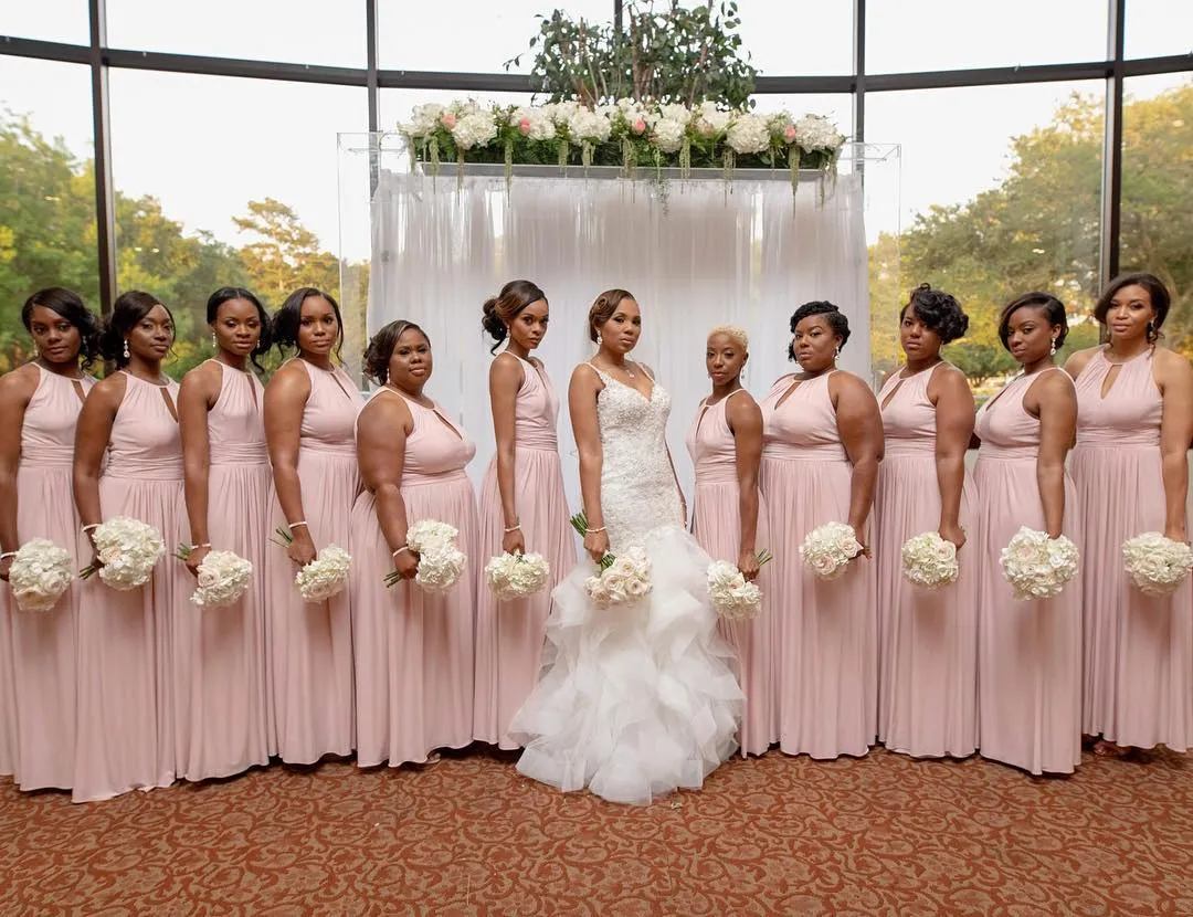 Girls African Black Blush Pink A Line Bridesmaid Dresses Sexy Jewel Neck Pleats Floor Length Formal Maid Of Honor Dress Vesitdos
