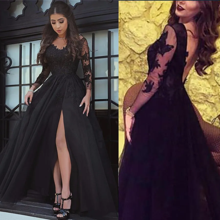 Prom Dresses Glamorous Long Sleeve Black Slit Lace Evening Dresses Sexy Black Prom Dresses Floor Length Formal Party Evening Gowns