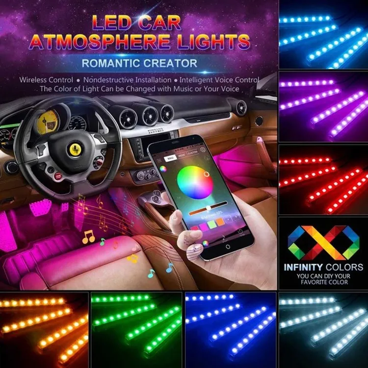 4 In 1 Lampada Atmosfera Allinterno Dellauto 48 Illuminazione Interni A LED  RGB i LED Telecomando Senza Fili 5050 Chip 12V LED Strip Light Da 9,3 €