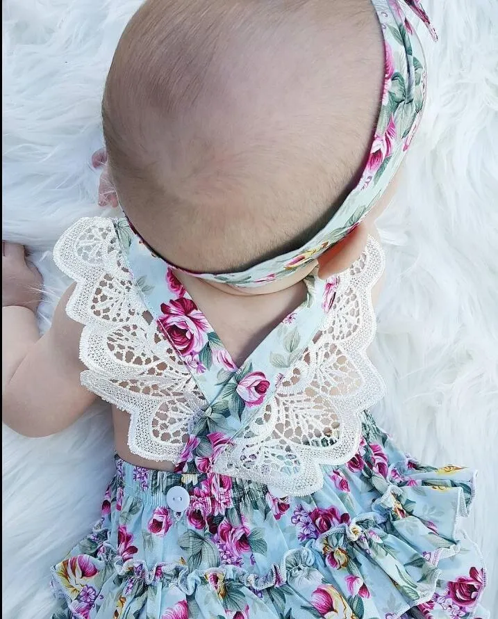 Cute Floral Baby Romper 2018 Ruffles Koronki Kombinezon Z Pałąkiem Noworodka Dziewczynek Ubrania Odzież Sunsuit Stroje Dzieci Dzieci Odzież 0-24m