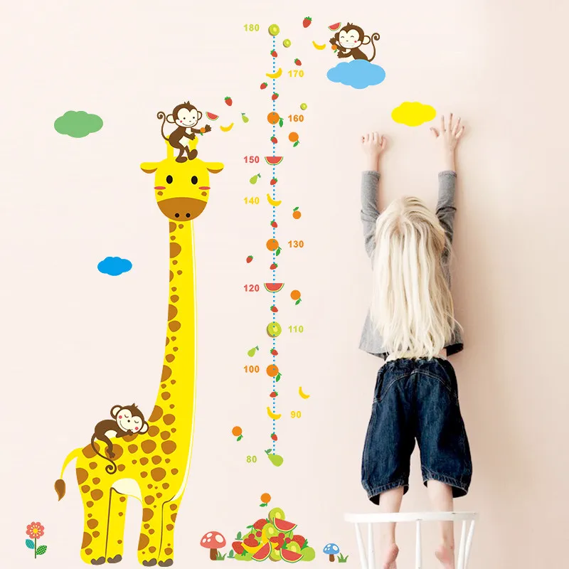 Dessin animé mesure Stickers muraux pour chambres d'enfants girafe singe toise règle décalcomanies pépinière décor à la maison livraison gratuite