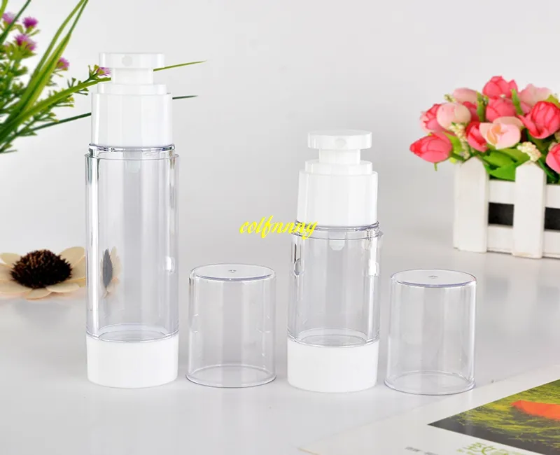 100 stks / partij Snelle verzending 30 ml 50 ml transparante navulbare plastic parfumfles lege airless pump vacuümcontainers