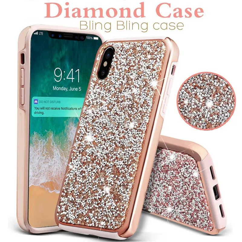 Casos de diamante de shinestone glitter à prova de choque premium para iPhone 14 Pro Max 13 12 11 xs xr 7 8 Plus Samsung S22 S21 S20 Ultra Note 20 híbrido Soft Silicone PC Hard PC Tampa