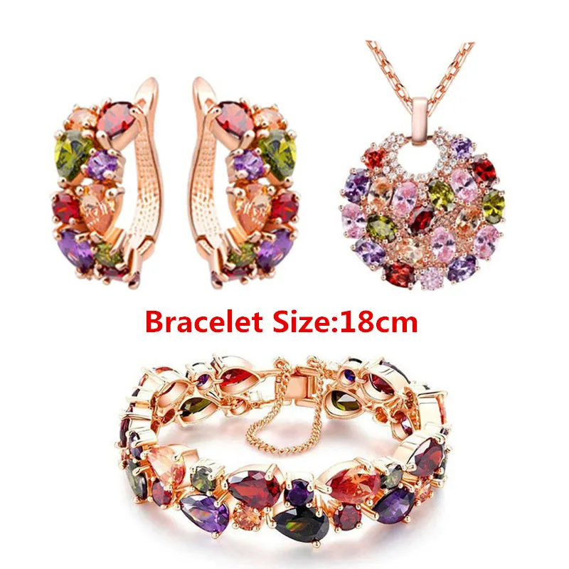 Moda multicor zircônia cúbica brincos colar pingente pulseira rosa banhado a ouro conjuntos de jóias feminino girl039s gift11515463904124