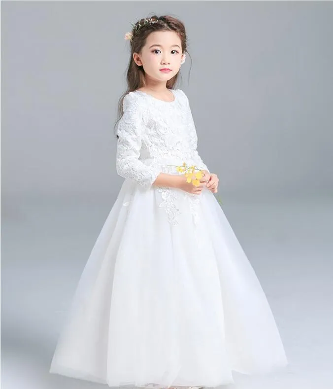 High Quality White Princess Dresses Girls Red Lace Gowns Wedding Flower Girl Skirt A Long Sleeved Dresses For The Ball HY084