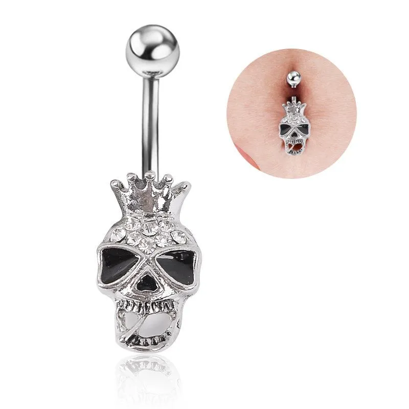 316L Surgical Steel Enchanted Crown Skull Navel Ring Clear Rhinestone Crystal Navel Bars / Belly Button Ring