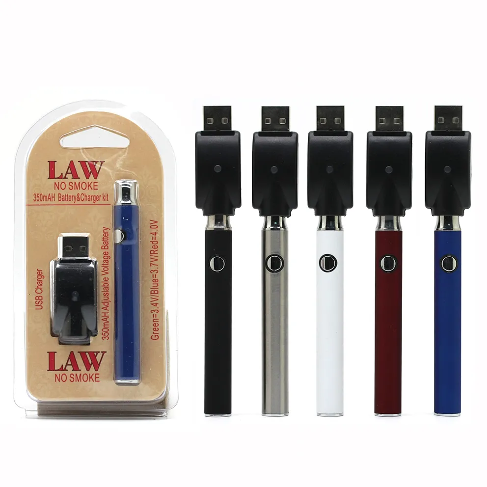 Bateria de embalagem de lei para cartuchos de vape e kit de carregador de baterias de cigarro 350mAh 650mAh 900mAh 1100mAh opcional 5 cores caneta