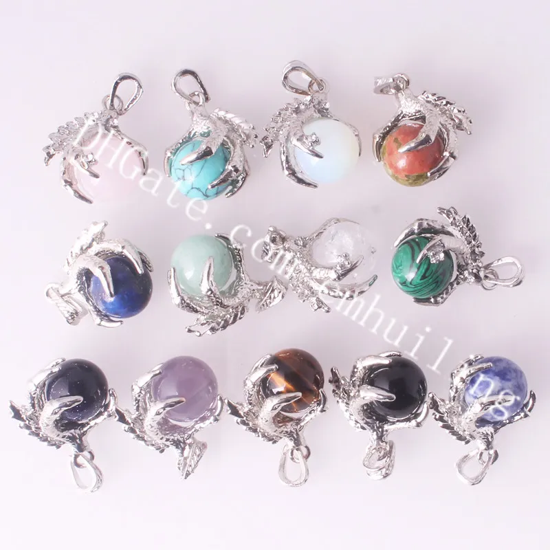 16mm Gemstone Sphere Charm Pendant Men's Gothic Biker Tribal Zinc Alloy Dragon Claw & Natural Stone Quartz Crystal Ball Pendant for Necklace