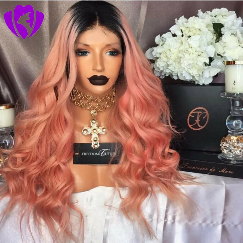 Perruque Lace Front Wig synthétique sans colle rose ombré avec raie centrale, perruque résistante à la chaleur avec cheveux de bébé pour femmes, offre spéciale