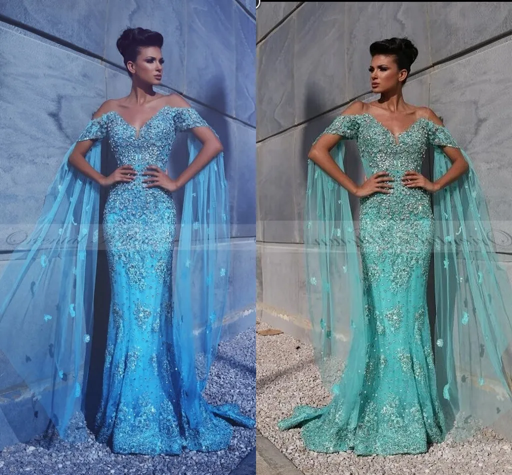 Novos vestidos de noite novo luxo sereia boné envoltório mangas rendas apliques cristal frisado com cabo flores azul formal festa baile vestidos