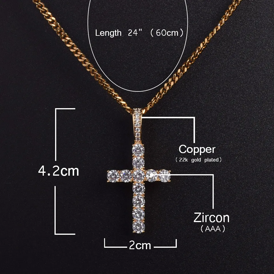 Iced Out Zircon Cross Pendant With 4mm Tennis Chain Necklace Set Men`s Hip hop Jewelry Gold Silver CZ Pendant Necklace