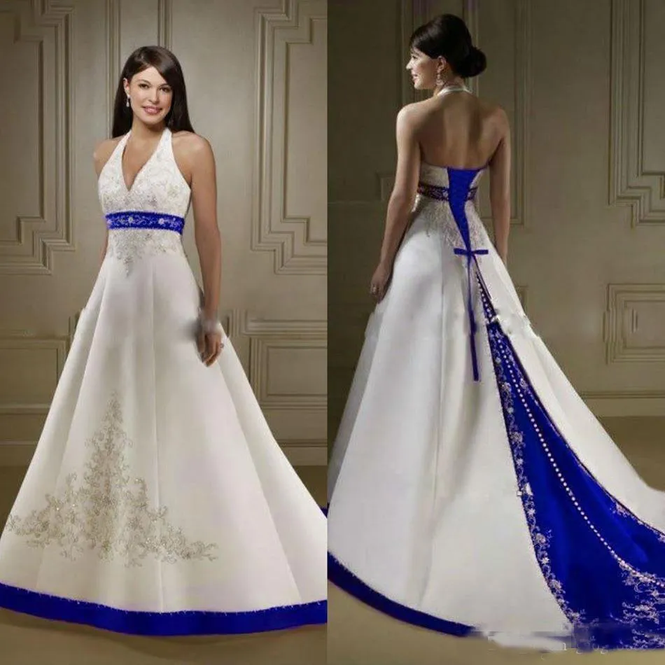 Vintage biały i królewski niebieski satynowy suknia ślubna bez ramiączek haft haftowy