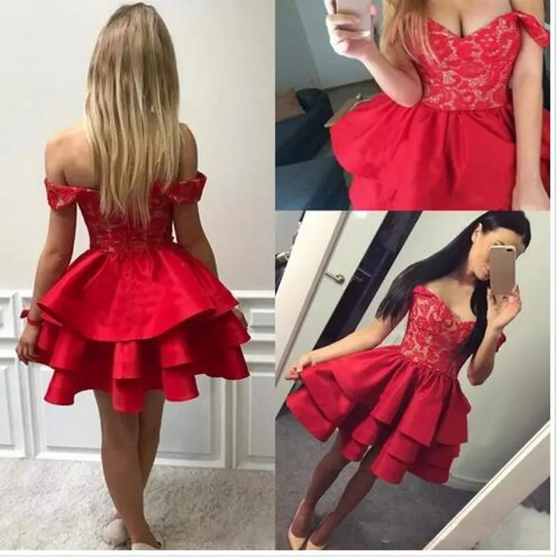 Vestidos De Fiesta Cortos Rojos Pequeños 2018 De Encaje Fuera Del Hombro Vestidos De Noche Con Gradas Cremallera Espalda Vestido De Regreso A Casa Para Niñas De 83,84 € | DHgate