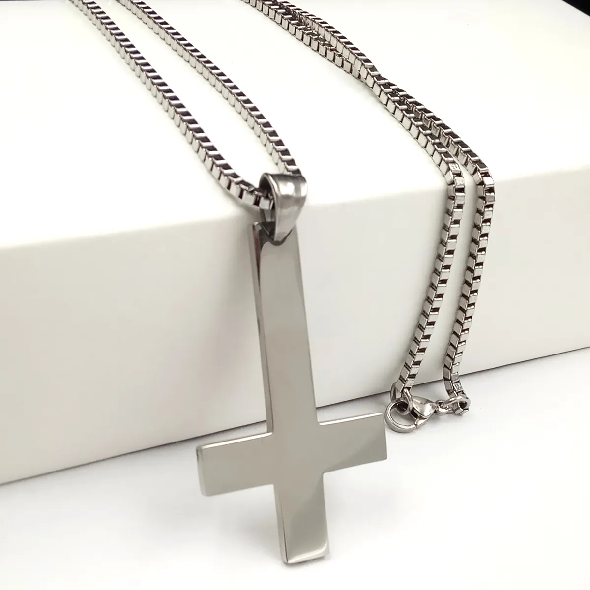 Fashion Mens Gifts Silver Cross of St. Peter Upside Down Cross Pendant Stainless Steel Catholic Necklace Box chain 18-32''