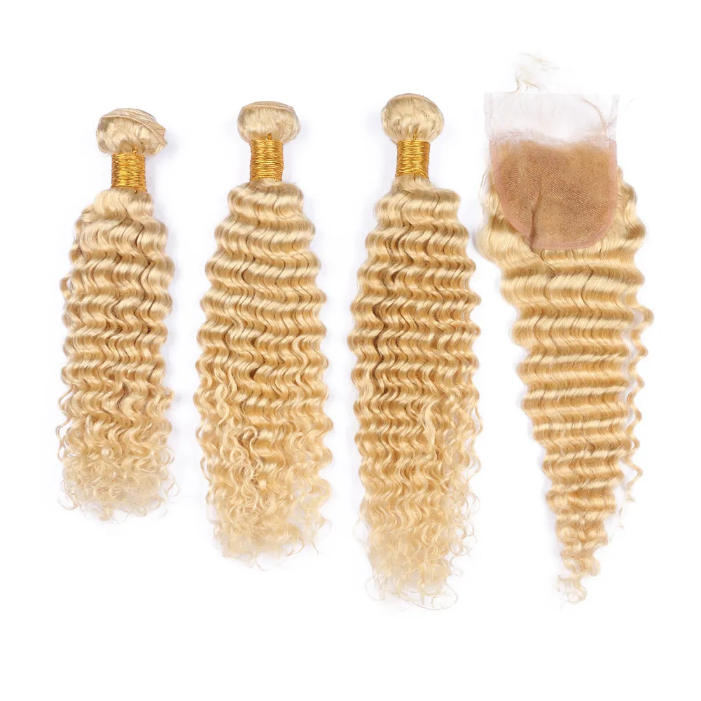 Brasilianskt blont mänskligt hår 3 buntar med stängning # 613 Blond djupvåg Vågig Virgin Hårväftväv med spetslåsning 4x4