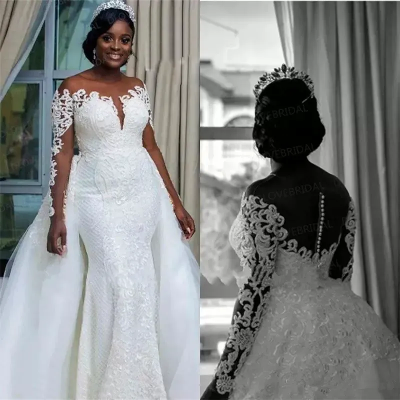 Bescheiden plus size jurk lange mouwen illusie zeemeermin afneembare rok kanten bruids bruidsjurk nigeriaans Afrikaans vestido de noiva