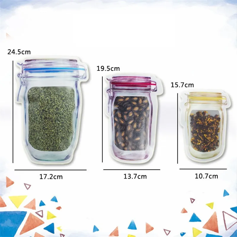 Wholesale Mason Jar Shaped Food Container Plastic Bag Clear Mason Bottle Modeling Zippers Storage Snacks Plastic Box LZ1827