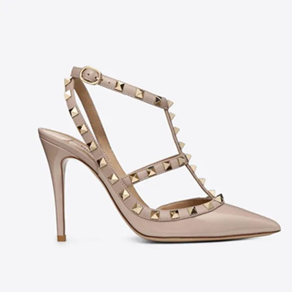 Designer Pointed Toe 2-Strap with Studs dress shoes matte Leather rivets Sandals Women Studded Strappy High heels valentine pumps