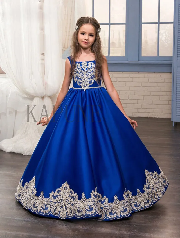 2019 Royal Blue Flower Girl Dresses O-Ncek Appliques Sin mangas Vestido de bola Fajas formales Arco Primera comunión Vestidos Vestidos Longo231321