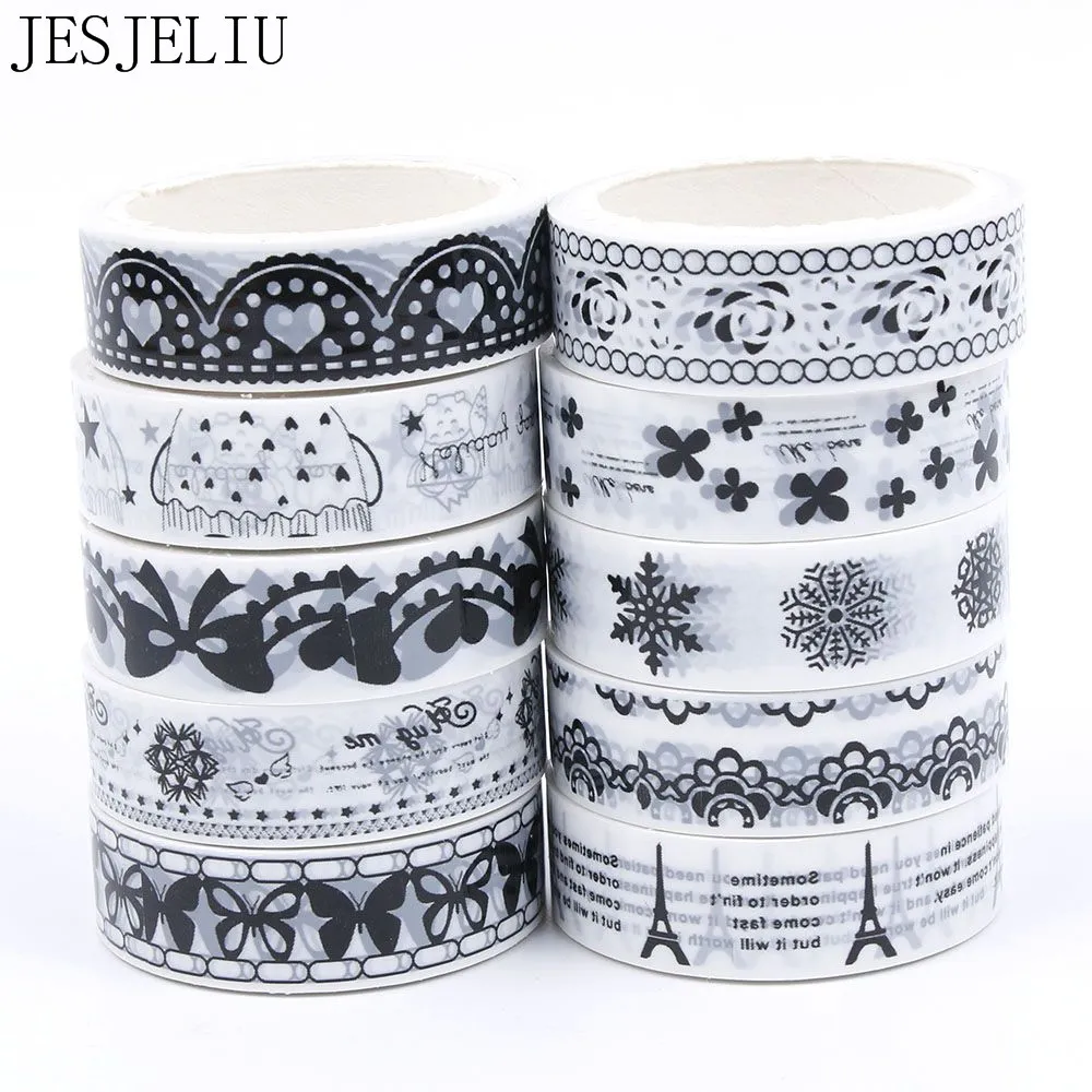 10 pc's/kavel Zwart -wit plakband Japanse Washi Tape Decoratief DIY plakboek Papierfoto Maskering 2016